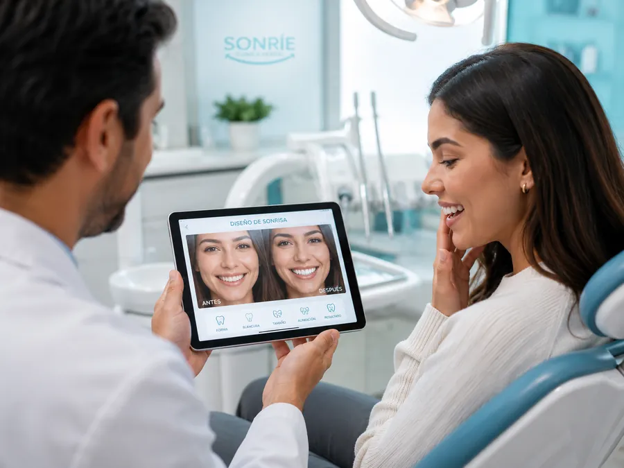 Dentista mostrando a una paciente la simulación digital de su nueva sonrisa en una tableta