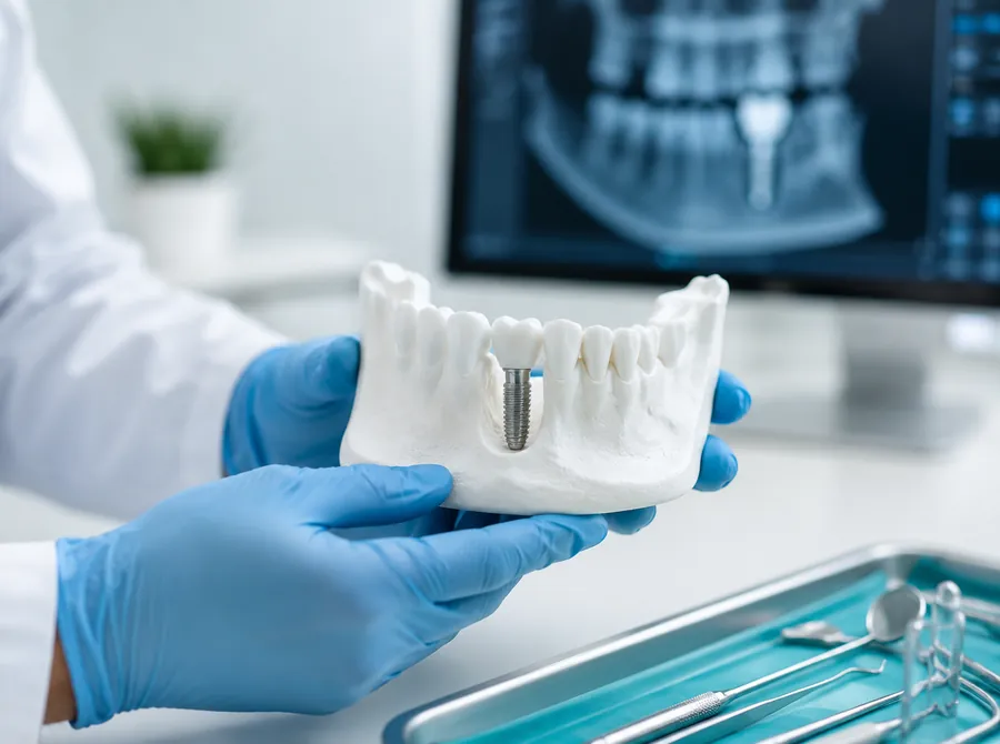 Dentista mostrando un modelo de mandíbula con un implante dental de titanio