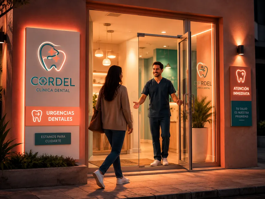 Entrada iluminada de Cordel Clínica Dental recibiendo a una paciente de urgencia